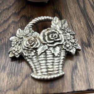 Pewter Beautiful Flower Basket Brooch Signed 1988 Seagull Vintage